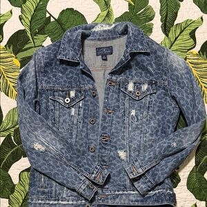 Lucky Brand Blue Leopard Print Distressed Denim Jacket